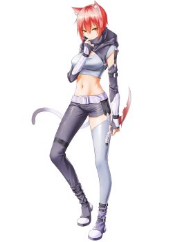 Rule 34 | 1girl, arm at side, asymmetrical pants, belt, belt buckle, breasts, buckle, cat girl, cat tail, closed mouth, commentary request, crop top, cropped shirt, double-parted bangs, full body, grey shirt, grey shrug, hair between eyes, hand up, highres, holding, holding knife, knife, korean commentary, large breasts, long bangs, looking at viewer, moon (restire), navel, original, red hair, shirt, short hair, shrug (clothing), simple background, single thighhigh, solo, stomach, tail, thighhighs, very short hair, white background, white belt, white thighhighs, yellow eyes