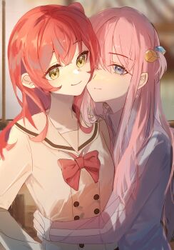 Rule 34 | 2girls, absurdres, blue eyes, bocchi the rock!, bow, bowtie, brown sailor collar, brown shirt, cheng songsongsong, chinese commentary, choppy bangs, closed mouth, commentary request, couple, crossed bangs, cube hair ornament, expressionless, gotoh hitori, hair ornament, highres, hug, hug from side, jacket, kita ikuyo, long hair, long sleeves, looking at viewer, multiple girls, one side up, pink hair, pink jacket, red bow, red bowtie, red hair, sailor collar, school uniform, shirt, short sleeves, shuka high school uniform, smile, track jacket, yellow eyes, yuri
