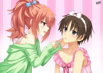 1boy 1girl :d :o applying_makeup black_eyes blue_bow blush bow brown_hair collarbone commentary commission english_commentary from_side green_jacket hair_between_eyes hair_bow hoshina_shuuji inaba_meguru jacket jitome leaning_forward lewdkuma lipstick long_hair looking_at_another makeup open_mouth orange_hair pink_background pink_bow pink_lips ponytail profile red_eyes sanoba_witch scene_reference short_hair sidelocks simple_background single_bare_shoulder sleeves_past_wrists smile smug trap upper_body white_bow