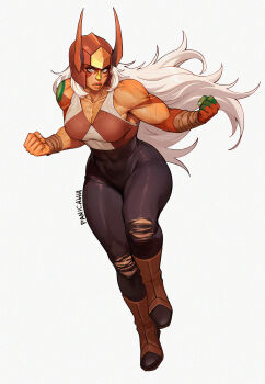 1girl adelheid_(moschiola) breasts colored_skin gem gem_(steven_universe) highres jasper_(post-corruption)_(steven_universe) jasper_(species)_(steven_universe) jasper_(steven_universe) long_hair muscular muscular_female orange_skin solo spots steven_universe very_long_hair white_hair yellow_eyes