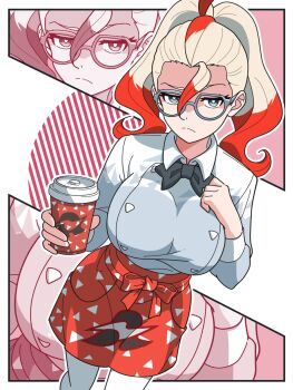 1girl apron black_bow black_bowtie blue_eyes bow bowtie breasts closed_mouth cup disposable_coffee_cup disposable_cup frown glasses griselle_(pokemon) hair_pulled_back highres holding holding_cup kanbei_(pixiv11037490) large_breasts long_sleeves looking_at_viewer multicolored_hair nintendo orange_apron pantyhose pokemon pokemon_legends:_z-a ponytail print_apron red_apron red_hair shirt split_ponytail two-tone_hair waist_apron white-framed_eyewear white_hair white_pantyhose white_shirt