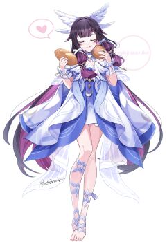 1girl ankle_ribbon barefoot black_hair blush bread closed_mouth columbina_(genshin_impact) commentary_request dress feathered_wings food full_body genshin_impact gradient_hair hair_ribbon head_wings heart highres holding holding_food leg_ribbon long_hair multicolored_hair multiple_wings pink_hair ribbon ringozaka_mariko signature simple_background smile solo speech_bubble spoken_heart tongue tongue_out very_long_hair white_background white_dress white_ribbon wings wrist_ribbon