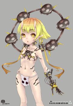 1girl artist_request bad_id bad_pixiv_id cyborg female_focus fundoshi gradient_hair horns japanese_clothes kimera loli multicolored_hair original pointy_ears short_hair solo source_request yellow_eyes