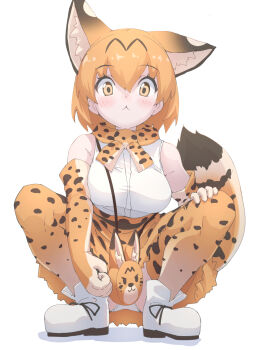 1girl :&lt; animal_ears animal_print bag bare_shoulders blonde_hair blush boots bow bowtie cat_ears cat_girl cat_print cat_tail elbow_gloves extra_ears frilled_skirt frills gloves hair_between_eyes handbag high-waist_skirt kemono_friends looking_at_viewer lowlandgorilla print_bow print_bowtie print_gloves serval_(kemono_friends) shirt short_hair sidelocks skirt sleeveless solo squatting tail white_boots white_shirt yellow_bow yellow_bowtie yellow_eyes yellow_gloves yellow_skirt
