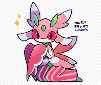 1girl antennae arthropod_girl arthropod_limbs character_name colored_skin full_body furry furry_female gen_7_pokemon highres kneeling kuunito looking_at_viewer lurantis mantis_girl monster_girl multicolored_skin nintendo no_mouth pink_eyes pink_skin plant_girl pokedex_number pokemon pokemon_(creature) praying_mantis simple_background solo white_background white_skin
