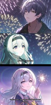 1boy 1girl absurdres aerial_fireworks black_hairband black_jacket blush caelus_(honkai:_star_rail) closed_mouth collarbone crying crying_with_eyes_open devl_ga_aru english_text firefly_(honkai:_star_rail) fireworks grey_hair hair_between_eyes hairband highres honkai:_star_rail honkai_(series) jacket long_hair multicolored_eyes open_mouth purple_eyes smile sparkler tears trailblazer_(honkai:_star_rail) two-tone_eyes yellow_eyes