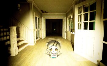 Rule 34 | 1girl, absurdres, blonde hair, camera flash, camisole, chibi, chibi only, chibigurumi, coat, dark, earrings, gakuen idolmaster, hair ornament, hairclip, highres, idolmaster, indoors, jewelry, long hair, looking at viewer, nennndaz, open clothes, open coat, open door, parallel hairclips, shinosawa hiro, single earring, solo, stairs, straight-on, white camisole, white coat, wooden floor