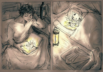 2boys bags_under_eyes closed_eyes curly_hair dark-skinned_male dark_skin dungeon_meshi elf fairy fairy_(dungeon_meshi) highres kabru lantern lying male_focus mithrun multiple_boys notched_ear on_side one_eye_closed pointy_ears sepia shirt short_hair sitting split_screen under_covers unworn_clothes vilihiliv wavy_hair wings