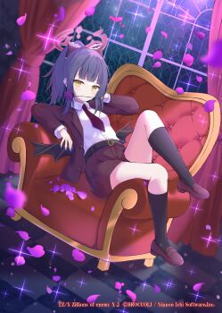 1girl belt black_belt black_wings bow chair copyright_notice curtains flower flower_in_mouth hair_bow halo high_ponytail highres indoors jacket kneehighs liuliu looking_at_viewer lying mystica_sanctus necktie official_art on_back on_chair open_clothes open_jacket pink_petals ponytail purple_hair purple_petals red_necktie red_shoes shirt shoes shorts socks solo sparkle twintails white_shirt window wings yellow_eyes z/x