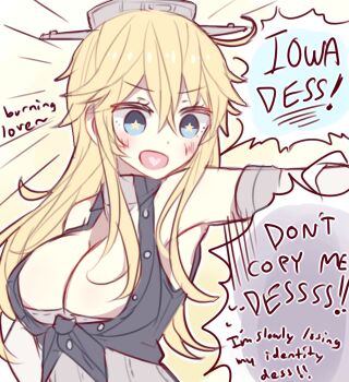 Rule 34 | 10s, 1girl, bad anatomy, blonde hair, breasts, burning love (phrase), cleavage, english text, female focus, heart, heart in mouth, iowa (kancolle), kantai collection, kvlen, large breasts, long hair, solo, star-shaped pupils, star (symbol), symbol-shaped pupils