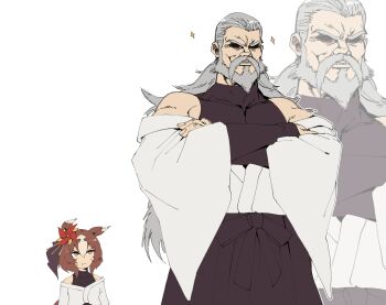 1boy 1girl :t animal_ears archives.gokulism bare_shoulders beard brown_eyes brown_hair commentary crossed_arms facial_hair full_beard grey_hair hair_ornament highres horse_ears horse_girl long_hair male_focus old old_man pectorals pinwheel pinwheel_hair_ornament simple_background smile sparkle umamusume umamusume:_cinderella_gray white_background yaeno_muteki's_trainer yaeno_muteki_(umamusume) zoom_layer