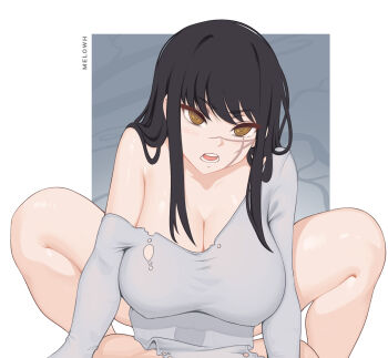 1boy 1girl absurdres artist_name black_hair breasts brown_eyes chainsaw_man cleavage commentary covered_penetration cowgirl_position english_commentary hetero highres large_breasts long_hair looking_at_viewer melowh open_mouth pelvic_curtain pov scar scar_on_face see-through_clothes sex single_bare_shoulder single_off_shoulder straddling torn_clothes yoru_(chainsaw_man)