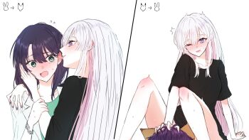 2girls animal_ears arrow_(symbol) black_hair black_shirt blue_eyes blush bracelet cho_kaguya-hime! collarbone commentary_request ear_licking flying_sweatdrops fox_ears green_eyes hair_between_eyes hand_on_another's_cheek hand_on_another's_face hand_on_another's_head hand_on_another's_shoulder highres holding_another's_arm implied_cunnilingus jewelry korean_commentary lab_coat licking long_hair looking_at_another medium_hair mole mole_under_eye multicolored_eyes multicolored_hair multiple_girls one_eye_closed open_mouth pink_hair purple_eyes purple_hair purple_nails runami_yachiyo sakayori_iroha shirt short_sleeves sitting sweat tongue tongue_out two-tone_hair white_background white_hair xp0p0p0x yuri