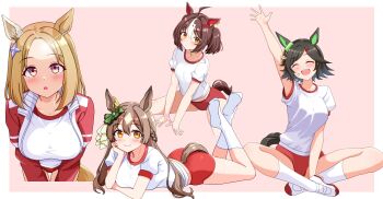 Rule 34 | 4girls, absurdres, ahoge, animal ears, arm support, ass, bandaid, bandaid on cheek, bandaid on face, black hair, blonde hair, blush, braid, breasts, brown eyes, brown hair, brown tail, buruma, cleavage, closed eyes, closed mouth, clothing cutout, collarbone, commentary request, ear covers, ear ornament, forehead, gran alegria (umamusume), gym shirt, hair between eyes, hair intakes, hair ornament, hairclip, half up braid, head rest, highres, horse ears, horse girl, horse tail, jacket, large breasts, leaf, long hair, long sleeves, looking at viewer, medium breasts, medium hair, midriff peek, multicolored hair, multiple girls, narita top road (umamusume), open mouth, pink eyes, purple eyes, red buruma, red jacket, red track suit, renny (seraphyfether), satono diamond (umamusume), school uniform, shirt, shoes, short hair, short sleeves, simple background, single ear cover, sitting, smile, socks, streaked hair, swept bangs, tail, tail through clothes, thighs, tracen school uniform, tracen training uniform, track jacket, track suit, twintails, umamusume, very long hair, white background, white shirt, white socks, white streaks, winning ticket (umamusume), x hair ornament, yellow tail