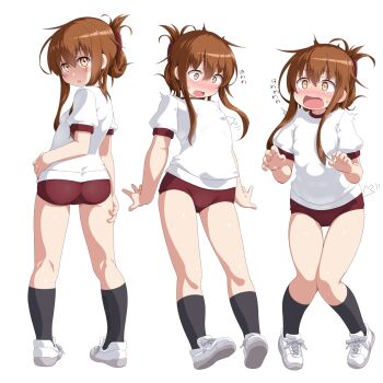 1girl ass black_socks blush brown_hair buruma cursor dd_(ijigendd) flat_chest folded_ponytail full_body gym_uniform highres inazuma_(kancolle) kantai_collection long_hair looking_at_viewer looking_back multiple_views open_mouth poking poking_ass poking_breast red_buruma shirt shoes short_sleeves sidelocks simple_background smile sneakers socks surprised white_background white_shirt white_shoes yellow_eyes