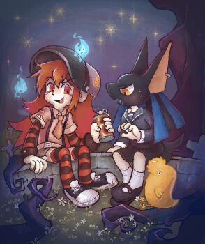 2girls ancient_egyptian animal_ear_piercing animal_ears bis_(funamusea) black_hair black_serafuku black_shoes black_skirt blue_hair brown_shorts can collared_shirt flower funamusea ghost grass graveyard hand_up hashtag-only_commentary helmet highres hitodama holding holding_can jackal jackal_ears jackal_tail long_hair looking_at_object multicolored_hair multiple_girls necktie open_mouth outdoors red_eyes red_hair red_necktie red_shirt school_uniform serafuku shirt shoes short_sleeves shorts sitting skirt smile smiley_face socks striped_arm_warmers striped_clothes striped_thighhighs sutare_yume sweat thighhighs tombstone torisan_(funamusea) tree white_flower white_socks woooh yellow_eyes