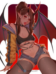 Rule 34 | 1girl, bat wings, black collar, black tank top, black wings, brown hair, collar, cropped shirt, demon girl, demon horns, denim, denim shorts, eyeshadow, hand on ground, hand on own hip, horns, inhoso, jacket, jacket partially removed, kneeling, long hair, makeup, midriff, open clothes, open fly, open jacket, open mouth, original, piercing, pointy ears, ponytail, red background, red eyes, red eyeshadow, red horns, red lips, red wings, short shorts, shorts, sideways glance, single bare shoulder, solo, straight hair, tank top, teeth, thighhighs, tongue, tongue piercing, triangle facial mark, white background, wings, yellow jacket