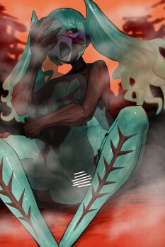 1boy 1girl absurdres aqua_hair assertive_female bar_censor black_sclera blush censored claws code_vein colored_sclera commission ekrea_jan french_kiss hand_on_another's_head hetero highres hug invading_executioner invading_executioner_(code_vein) kiss long_hair looking_at_another monster_girl orange_background orange_eyes sex sitting skeb_commission steam straddling tongue tongue_out twintails upright_straddle vaginal