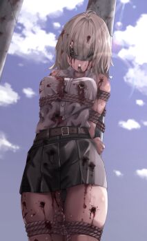 1girl bdsm blindfold blood bondage bound execution guro highres huyunokure nosebleed original peeing restrained ryona shibari solo tied_up_(nonsexual)