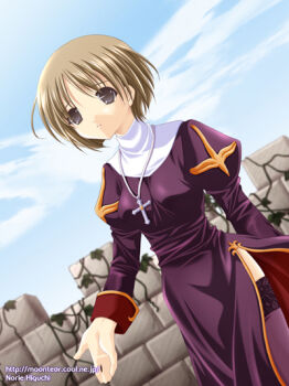 1girl 2000s_(style) artist_name blue_sky breasts brown_hair cloud commentary_request cowboy_shot cross cross_necklace dated_commentary dress dutch_angle grey_eyes higuchi_norie jewelry juliet_sleeves lace lace-trimmed_thighhighs lace_trim long_sleeves medium_breasts necklace outdoors parted_lips priest_(ragnarok_online) puffy_sleeves purple_dress purple_thighhighs ragnarok_online short_hair side_slit sky solo thighhighs watermark web_address