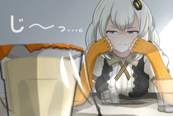 1girl :q blue_eyes braid breast_rest breasts breasts_on_table collared_shirt commentary_request cross_tie elbow_gloves elbows_on_table fingerless_gloves food frown furrowed_brow glaring gloves hair_ornament half-closed_eyes hands_on_own_cheeks hands_on_own_face head_rest highres kizuna_akari large_breasts licking_lips long_hair looking_at_food low_twin_braids orange_gloves pudding puffy_short_sleeves puffy_sleeves ribbed_shirt shirt short_sleeves sidelighting solo spoon staring table tongue tongue_out tororo_mochimochi translation_request twin_braids vocaloid voiceroid white_hair white_shirt