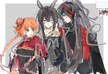 1girl 2boys animal_ears black_dress black_hanfu black_shirt braid chinese_clothes closed_mouth commentary_request dress folded_fan folding_fan freckles green_eyes hand_fan hanfu heishou_pack-wu_branch_(identity)_(project_moon) holding holding_fan hong_lu_(project_moon) hongyuan_(identity)_(project_moon) horse_ears ishmael_(project_moon) jingshenhuanghu limbus_company long_hair low_twin_braids multiple_boys one_eye_closed open_mouth orange_hair project_moon red_bandage red_shrug shirt shrug_(clothing) smile stole twin_braids very_long_hair yi_sang_(project_moon)