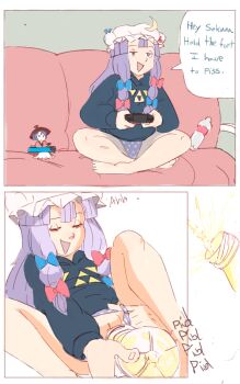 2girls bare_legs barefoot blue_eyes blue_hair peeing cleft_of_venus closed_eyes clothing_aside controller crescent crescent_hair_ornament english_text feet female_focus game_controller hair_ornament hat holding holding_controller holding_game_controller indian_style long_hair long_sleeves mob_cap multiple_girls open_mouth panels panties panties_aside patchouli_knowledge pee peeing peeing_in_bottle pussy sitting smile soda sooperman sound_effects speech_bubble sweater thighs toes touhou triforce triforce_print uncensored underwear