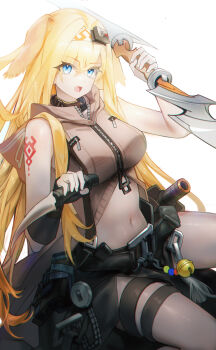 1girl absurdres animal_ears arknights arm_tattoo arm_up bare_shoulders bell black_skirt blonde_hair blue_eyes breasts brigid_(arknights) brown_coat coat commentary_request cowboy_shot dagger dog_ears dog_girl dual_wielding hair_between_eyes henz highres holding holding_dagger holding_knife holding_weapon hood hood_down infection_monitor_(arknights) knife large_breasts long_hair looking_at_viewer multiple_thigh_straps navel open_mouth partially_unzipped simple_background skirt sleeveless sleeveless_coat solo stomach tattoo thigh_strap thighs weapon white_background zipper