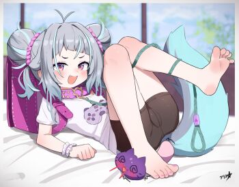 1girl absurdres backpack bag bdsm bed bike_shorts blush boppin cameltoe collar double_bun feet female_focus flat_chest full_body grey_hair hair_bun hair_ornament heart heart-shaped_pupils highres indie_virtual_youtuber leash legs loli looking_at_viewer menace_mamaki on_bed pink_eyes randoseru shirt shorts slave smile solo symbol-shaped_pupils thighs