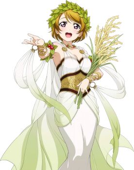 10s 1girl bracelet brown_hair cape female_focus head_wreath jewelry koizumi_hanayo laurel_wreath love_live! love_live!_school_idol_festival love_live!_school_idol_project mistletoe necklace official_art purple_eyes short_hair solo third-party_edit transparent_background wheat white_background