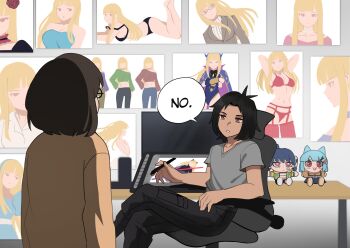 1boy 1girl artist_self-insert black_hair black_pants blonde_hair blunt_bangs brown_hair brown_shirt chair crossed_legs dark-skinned_male dark_skin desk drawing_tablet english_text glasses grey_shirt highres indoors ji-yoon_(jourd4n) jourd4n long_hair looking_at_another medium_hair office_chair original pants poster_(object) screen shirt short_sleeves sitting speech_bubble straight_hair stuffed_toy swivel_chair