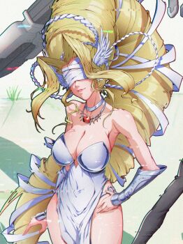 1boy 2girls apple arm_cannon bare_shoulders beelzebumon beelzebumon_blast_mode blindfold blonde_hair breasts cleavage collarbone commentary_request cowboy_shot digimon digimon_story:_time_stranger dress food fruit glitch highres jewelry large_breasts long_hair multiple_girls parted_lips pendant shiny_hazel smile solo_focus standing strapless strapless_dress very_long_hair weapon