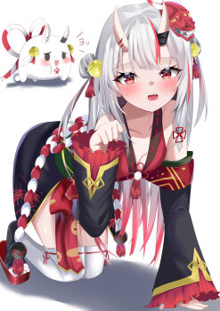 1girl absurdres all_fours arm_up bare_shoulders bell blush breasts collarbone commentary_request detached_sleeves double_bun fang hair_between_horns hair_bun highres hololive horn_ornament horns japanese_clothes kamishiro_may long_hair long_sleeves looking_at_viewer mask mask_on_head multicolored_hair nakiri_ayame nakiri_ayame_(1st_costume) oni open_mouth poyoyo_(nakiri_ayame) red_eyes red_hair red_ribbon ribbon rope shimenawa simple_background skin-covered_horns teeth virtual_youtuber