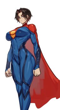 1girl arms_at_sides black_hair blue_bodysuit bodysuit breasts cape commentary covered_navel dc_comics english_commentary feet_out_of_frame grey_eyes highres impossible_bodysuit impossible_clothes large_breasts looking_at_viewer podobrick red_cape skin_tight solo supergirl tomboy toned toned_female white_background