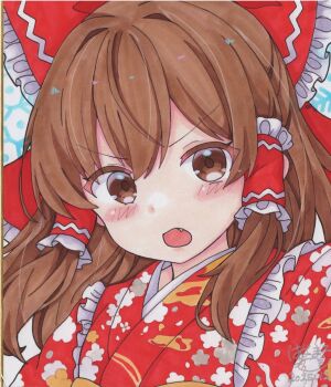 1girl alternate_costume blush bow brown_eyes brown_hair closed_mouth commentary_request dated fang frilled_bow frilled_hair_tubes frills hair_bow hair_tubes hakurei_reimu highres hoshi_tea_party japanese_clothes kimono long_hair looking_at_viewer open_mouth red_bow red_kimono shikishi signature solo touhou traditional_media