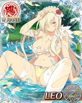 1girl aquarius_(symbol) aries_(symbol) arm_support ass blonde_hair blush border breasts cancer_(symbol) capricorn_(symbol) card_(medium) character_name cleavage dodecagram dress english_text flower forest frilled_hairband frills fur_collar gemini_(symbol) grass groin hair_between_eyes hair_flower hair_ornament hairband lace lace-trimmed_panties lace_trim large_breasts leo_(senran_kagura) leo_(symbol) libra_(symbol) long_hair looking_at_viewer nature navel official_art one_eye_closed outdoors panties pisces_(symbol) plant purple_eyes red_flower red_rose river rose sagittarius_(symbol) school_emblem scorpio_(symbol) senran_kagura senran_kagura_new_wave shiny_skin sitting solo sparkle spread_legs taurus_(symbol) thighhighs torn_clothes torn_dress torn_thighhighs tree underboob underwear very_long_hair virgo_(symbol) water wet white_thighhighs wince yellow_hairband yellow_panties zodiac_wheel