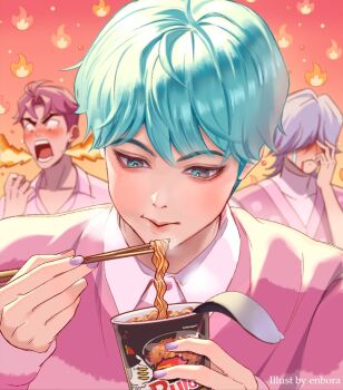 3boys abby_(kpop_demon_hunters) aqua_eyes aqua_hair artist_name baby_(kpop_demon_hunters) blush chopsticks clenched_hand collared_shirt crying cup_ramen eating enbora fire_emoji furrowed_brow grey_hair hair_between_eyes hair_over_eyes hand_to_head holding holding_chopsticks korean_fire_noodles kpop_demon_hunters male_focus multiple_boys mystery_(kpop_demon_hunters) nail_polish open_mouth parted_bangs pink_hair pink_shirt pink_sweater purple_nails shirt shirt_under_sweater streaming_tears striped_clothes striped_sweater sweater tears upper_body white_eyes