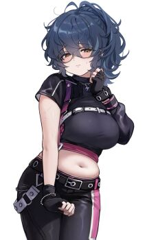 1girl aoba_tsumugi asymmetrical_sleeves belt black_gloves black_pants black_shirt blue_hair blush bracelet breasts chest_belt closed_mouth cowboy_shot crop_top cropped_shirt ensemble_stars! fingerless_gloves genderswap genderswap_(mtf) glasses gloves hair_between_eyes hand_up high_ponytail highres jewelry large_breasts lightning_bolt_symbol looking_at_viewer messy_hair midriff multicolored_hair navel nervous_sweating pants plump ponytail shirt short_sleeves simple_background single_sleeve solo stomach streaked_hair sweat tearing_up tsmkwa white_background yellow_eyes
