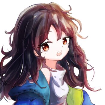 Rule 34 | 1girl, black hair, blue jacket, c-ms (girls' frontline), commission, girls' frontline, highres, jacket, ll dal, long hair, looking at viewer, messy hair, mole, mole under eye, off shoulder, open clothes, open jacket, open mouth, red eyes, simple background, solo, teeth, upper body, upper teeth only, white background