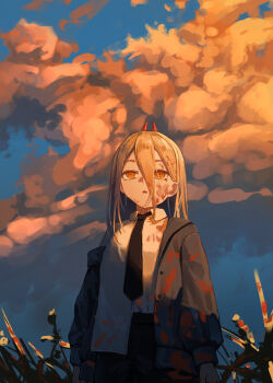 1girl absurdres aged_down black_jacket black_necktie black_pants blonde_hair blood blood_on_clothes blood_on_face blood_stain chainsaw_man cloud cloudy_sky commentary_request cowboy_shot cross-shaped_pupils demon_horns dress_shirt facing_viewer grass hair_between_eyes highres horns jacket l-aui long_hair looking_ahead necktie open_mouth orange_eyes outdoors painterly pants power_(chainsaw_man) red_horns shirt shirt_partially_tucked_in single_off_shoulder sky solo standing sunset symbol-shaped_pupils tall_grass white_shirt