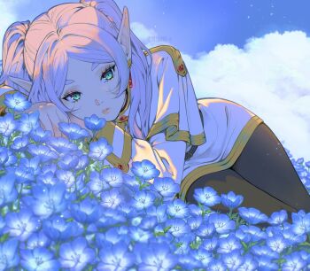 1girl absurdres artist_name black_pantyhose cloud cloudy_sky dress dutch_angle elf flower frieren green_eyes highres lips lipstick long_hair lying makeup on_side pantyhose parted_bangs pointy_ears purple_flower sky solo sousou_no_frieren thick_eyebrows twintails watermark white_hair yiiande