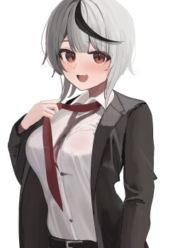 1girl absurdres alternate_costume black_cardigan black_streaks breasts cardigan collared_shirt commentary_request fang highres hololive large_breasts looking_at_viewer medium_hair multicolored_hair necktie open_mouth red_eyes red_necktie sakamata_chloe sasasa11070 shirt skin_fang smile solo streaked_hair virtual_youtuber white_background