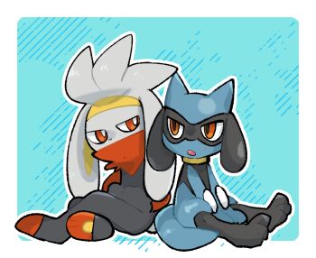 2others :o animal_ears aqua_background black_fur blue_fur border bright_pupils full_body furry gen_4_pokemon gen_8_pokemon grey_fur looking_at_another multiple_others nintendo open_mouth pokemon pokemon_(creature) rabbit_ears raboot red_eyes red_fur riolu simple_background sitting sstoh two-tone_fur white_border white_pupils