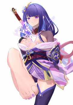 1girl absurdres armor barefoot blunt_bangs blush braid breasts bridal_gauntlets closed_mouth commentary dongye1551 drawing_sword electricity feet foot_focus genshin_impact glowing glowing_sword glowing_weapon gradient_hair hair_ornament hand_on_own_chest head_tilt highres holding holding_sword holding_weapon human_scabbard japanese_clothes katana kimono large_breasts light_smile lingerie long_hair looking_at_viewer mitsudomoe_(shape) mole mole_under_eye multicolored_hair musou_isshin_(genshin_impact) nail_polish neck_ribbon nude puffy_nipples purple_eyes purple_hair purple_kimono purple_nails purple_thighhighs raiden_shogun red_ribbon red_sash ribbon sash shoulder_armor simple_background solo standing standing_on_one_leg sword sword_between_breasts thighhighs thighs toenail_polish toenails toes tomoe_(symbol) underwear upper_body weapon white_background