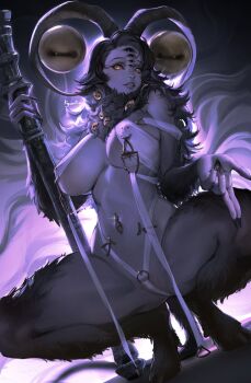 1girl black_fur black_nails body_fur body_piercings breasts covered_erect_nipples disembodied_eye elden_ring elden_ring_nightreign extra_eyes fingernails genderswap genderswap_(mtf) goat_horns goat_legs highres hooves horizontal_pupils horns knees_apart_feet_together kyuri_tizu large_breasts libra_(elden_ring) long_fingernails looking_at_viewer mage_staff monster_girl navel_piercing nipple_piercing pale_skin personification piercing revealing_clothes sharp_fingernails solo staff very_big_eyes yellow_eyes