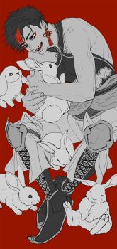 Rule 34 | 1boy, absurdres, animal, bare shoulders, boots, centipede tattoo, cheek tattoo, chinese clothes, clothing cutout, covered pectorals, earrings, facial tattoo, full body, greyscale, greyscale with colored background, highres, holding, holding animal, jewelry, knee pads, lace-up boots, looking at animal, male focus, monochrome, muscular, muscular male, open mouth, pants, pectorals, pointy footwear, qin shi huang (shuumatsu no valkyrie), rabbit, red hair, red tassel, robe, short hair, shuumatsu no valkyrie, single earring, smile, solo, stomach cutout, tagme, tassel, tassel earrings, tattoo, toned, toned male