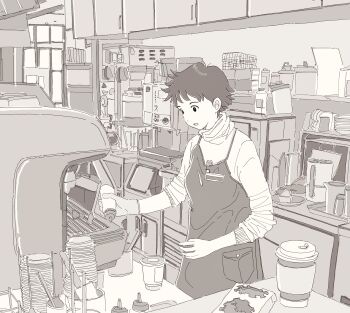 Rule 34 | 1girl, absurdres, apron, barista, bottle, cabinet, cafe, coffee grinder, cup, disposable coffee cup, disposable cup, greyscale, highres, holding, holding bottle, indoors, kettle, knife, looking down, monochrome, name tag, naoyuzuhiko, open mouth, original, short hair, sleeves pushed up, solo, sweater, turtleneck