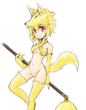 1girl 2000s_(style) animal_feet animal_hands bell blush bottomless bra breasts closed_mouth commentary_request criss-cross_halter feet_out_of_frame fox_girl fox_hat fox_tail halterneck holding holding_staff looking_at_viewer medium_breasts moonlight_flower no_pussy ragnarok_online short_hair simple_background smile solo staff tail underwear white_background yazuma666 yellow_bra