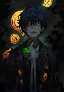 1boy 1girl albina_(project_moon) black_coat blue_hair character_request check_character coat commentary_request e.g.o_(project_moon) forest hair_between_eyes highres hohenheim_(project_moon) lamp_(e.g.o) limbus_company nature night open_mouth outdoors project_moon sammorstrange short_hair solo_focus spoilers standing yellow_eyes yellow_pupils