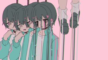 1girl black_hair black_shoes blue_jacket flower glitch hair_flower hair_ornament hand_up hanged highres jacket kurari-chan_(iyowa) kyamimasita kyu-kurarin_(cevio) multiple_views no_pupils noose open_clothes open_jacket pink_background pink_eyes pink_flower shirt shoes short_hair simple_background socks suicide tearing_up upper_body white_shirt white_socks